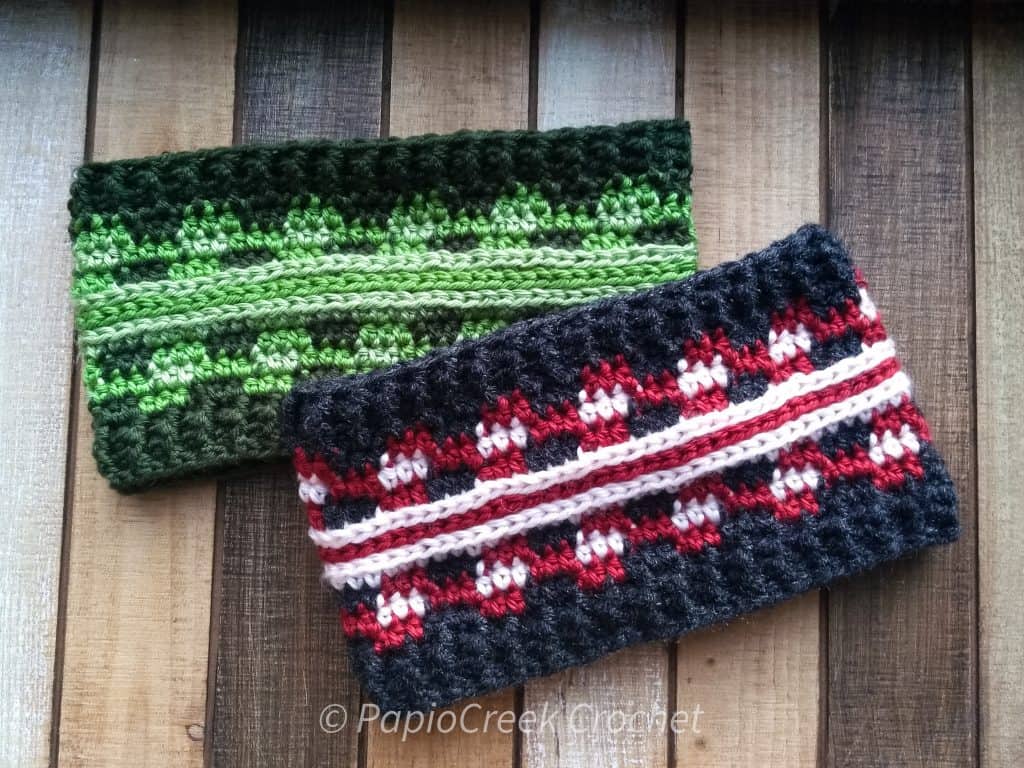 shades of green plaid ear warmer with stripes and red pink black ear warmer with stripes.